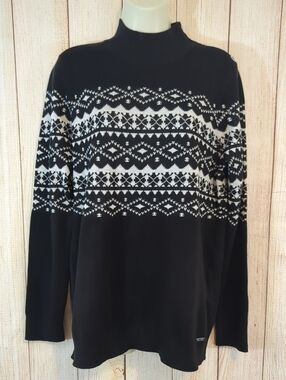 Calvin Klein Sweater Womens Medium Black Fair‎ Isle Mock Neck Pullover Nordic